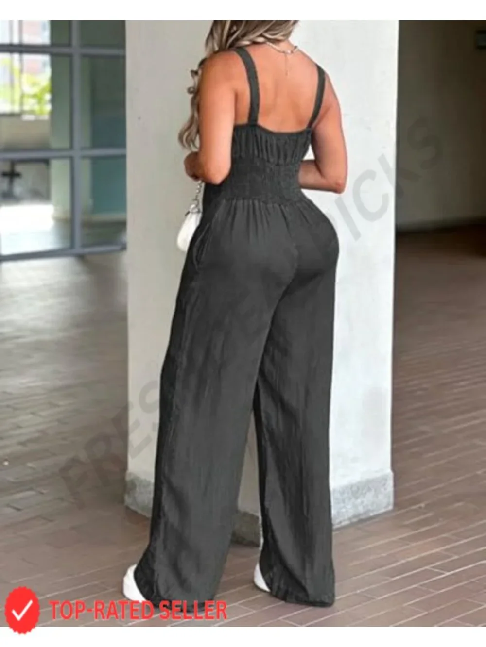 Wide Leg Jumpsuit Sleeveless V Neck Romper with Pockets Casual One Piece
